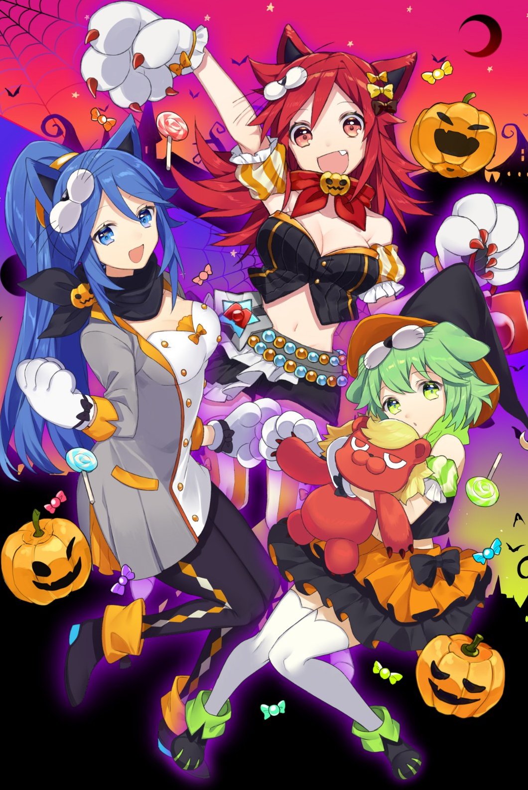 3girls :d animal_ears bandanna bangs belt black_bow black_skirt blue_bandana blue_eyes blue_hair bow breasts candy cat_ears cleavage closed_mouth commentary_request copyright_request crescent_moon crop_top dog_ears food gloves gradient_sky green_eyes green_hair hair_bow halloween halloween_costume hand_up highres jack-o'-lantern lollipop long_hair long_sleeves looking_at_viewer medium_breasts midriff moon multiple_girls navel open_mouth pantyhose paw_gloves paws ponytail puffy_short_sleeves puffy_sleeves red_bandana red_eyes red_sky redhead short_sleeves skirt sky smile sogawa stuffed_animal stuffed_toy teddy_bear thigh-highs white_legwear yellow_bow