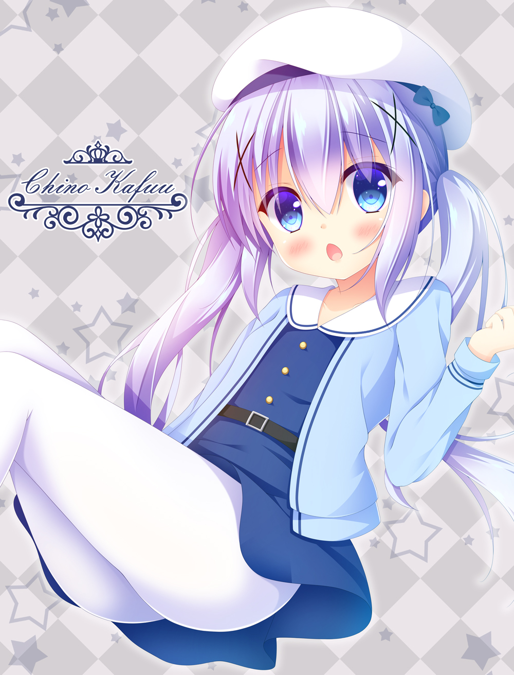 1girl argyle argyle_background ass bangs belt belt_buckle beret black_belt blue_bow blue_dress blue_eyes blue_shirt blush bow buckle character_name commentary_request dress eyebrows_visible_through_hair gochuumon_wa_usagi_desu_ka? hair_between_eyes hair_ornament hand_up hat head_tilt highres kafuu_chino long_hair long_sleeves open_clothes open_shirt pantyhose purple_hair sailor_collar sailor_dress shirt sidelocks solo twintails very_long_hair white_hat white_legwear white_sailor_collar x_hair_ornament yukatama