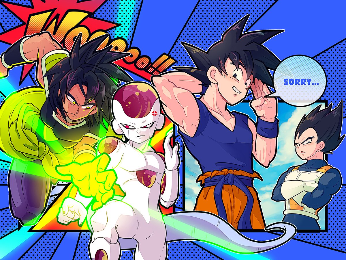 3llo_3 4boys :o aiming_at_viewer anger_vein annoyed aqua_background armor attacking_viewer black_eyes black_hair blue_background broly_(dragon_ball_super) crossed_arms day dougi dragon_ball dragon_ball_super dragon_ball_super_broly dragonball_z energy energy_beam english fighting_stance fingernails frieza frown gloves green_eyes hand_behind_head hand_up index_finger_raised looking_away looking_back male_focus motion_lines multiple_boys nervous_smile onomatopoeia open_mouth outdoors outside_border outstretched_hand polka_dot polka_dot_background red_eyes see-through serious short_hair simple_background sky smile son_gokuu speech_bubble spiky_hair standing sweatdrop tail text_focus upper_body vegeta wristband