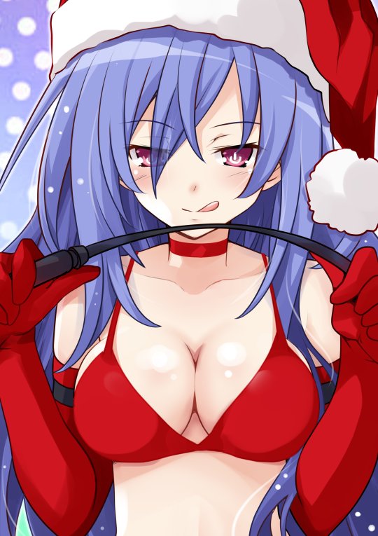 1girl blue_hair blush breasts christmas elbow_gloves eyebrows_visible_through_hair gloves hat holding iris_heart iwasi-r kami_jigen_game_neptune_v large_breasts licking_lips long_hair looking_at_viewer neptune_(series) power_symbol riding_crop santa_costume santa_hat smile solo symbol-shaped_pupils tongue tongue_out upper_body violet_eyes