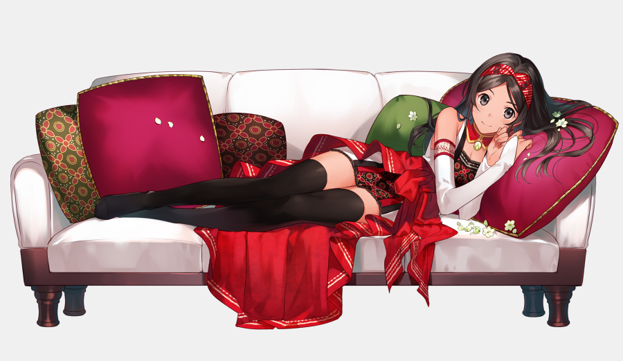 1girl asahikawa_hiyori bangs bare_shoulders black_eyes black_hair black_legwear breasts bridal_gauntlets cleavage closed_mouth couch cushion detached_collar dress elbow_gloves gloves grey_background hairband long_hair looking_at_viewer lying no_shoes on_couch on_side original parted_bangs pillow red_skirt short_dress simple_background skirt smile solo thigh-highs white_dress white_gloves