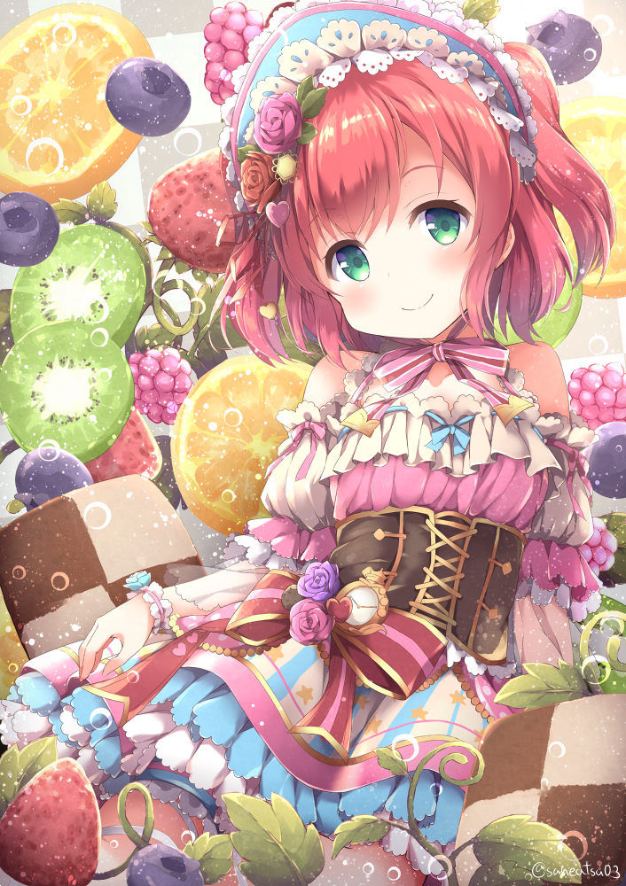 1girl bangs blue_flower blush bonnet bow bracelet checkerboard_cookie commentary_request cookie corset cross-laced_clothes detached_sleeves dress flower food fruit green_eyes hair_flower hair_ornament heart heart_hair_ornament jewelry kiwi_slice kurosawa_ruby looking_at_viewer love_live! love_live!_sunshine!! neck_ribbon niwasane_(saneatsu03) orange orange_slice pink_flower pink_neckwear pink_rose plant pocket_watch raspberry red_flower red_rose redhead ribbon rose short_hair smile solo strawberry striped striped_bow striped_neckwear twitter_username two_side_up vines watch water_drop