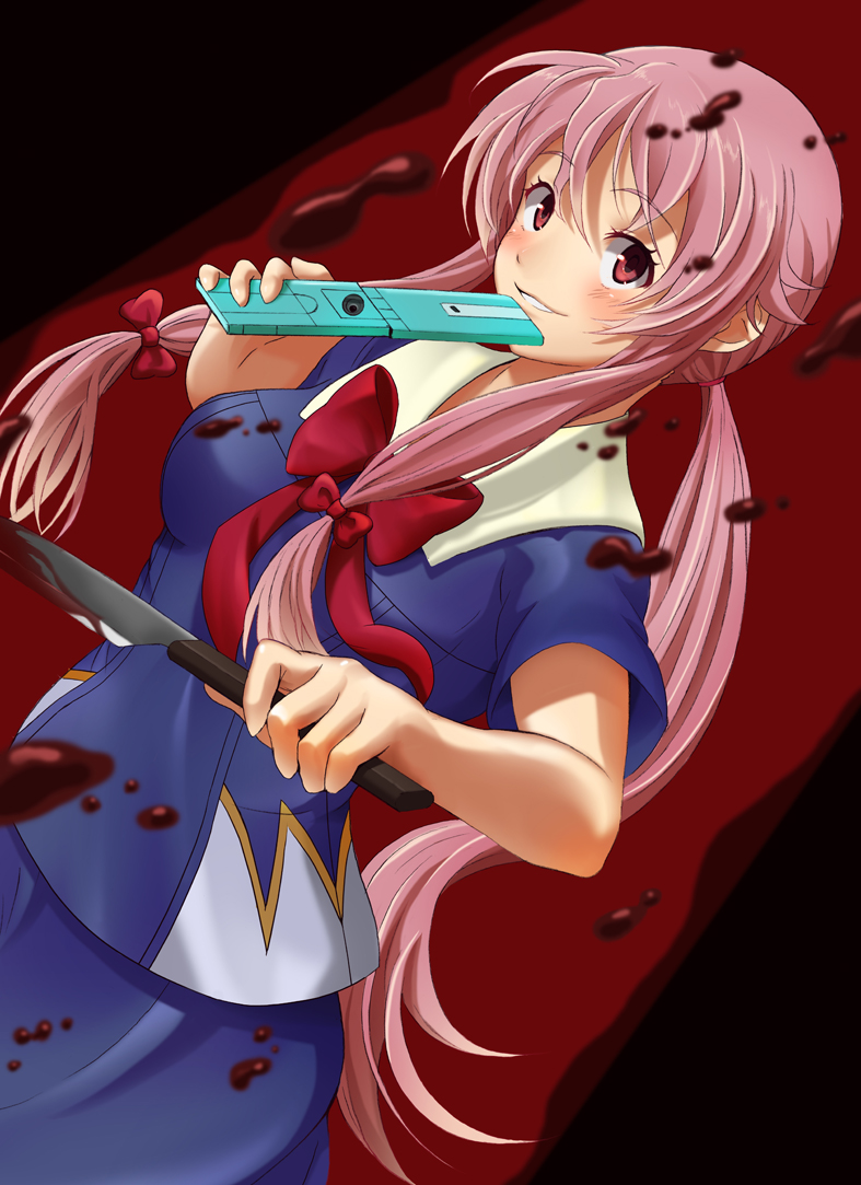 1girl blood bloody_weapon blue_shirt blue_skirt blush bow bowtie cellphone flip_phone gasai_yuno hair_between_eyes hair_bow holding holding_knife holding_phone knife long_hair mirai_nikki murata_isshin parted_lips phone pink_hair red_bow red_eyes red_neckwear sailor_collar school_uniform serafuku shirt short_sleeves skirt solo twintails very_long_hair weapon white_sailor_collar