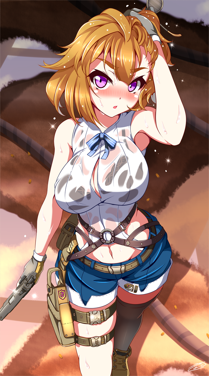 1girl bare_shoulders black_bra blue_shorts bra brown_hair from_above girls_frontline glint grizzly_mkv grizzly_mkv_(girls_frontline) gun hand_up handgun highres holding holding_gun holding_weapon holster leg_strap looking_at_viewer midriff navel o-ring parted_lips pistol sayossa_(pak-front) see-through shirt short_hair short_shorts shorts sleeveless sleeveless_shirt solo standing underwear violet_eyes walking weapon wet wet_clothes wet_shirt