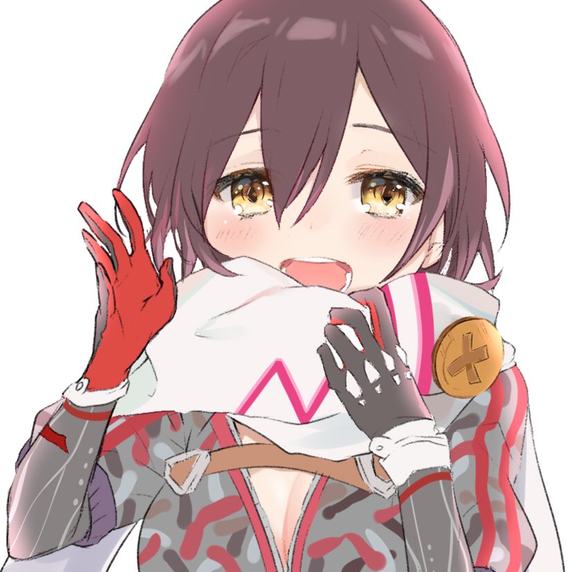 1girl :d black_gloves blush breasts cleavage commentary_request copyright_request eyebrows_visible_through_hair gloves grey_jacket hand_up jacket long_sleeves looking_at_viewer medium_breasts multicolored multicolored_clothes multicolored_gloves nanakagura open_mouth purple_hair red_gloves scarf short_hair simple_background smile solo upper_body white_background white_scarf yellow_eyes