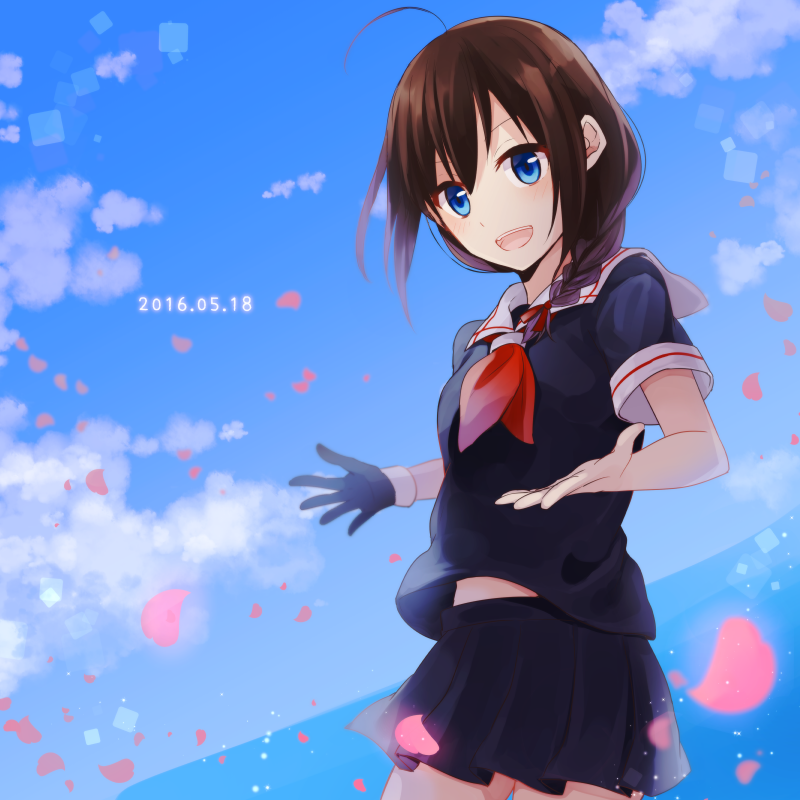 1girl 2016 :d asymmetrical_gloves black_gloves black_serafuku black_shirt black_skirt blue_eyes blue_sky braid braided_ponytail brown_hair dated gloves hair_between_eyes hair_over_shoulder kantai_collection long_hair looking_at_viewer miniskirt neckerchief ocean open_mouth outdoors petals pleated_skirt red_neckwear sailor_collar school_uniform serafuku shigure_(kantai_collection) shika_(hachilemon) shirt short_sleeves single_braid single_glove skirt sky smile solo white_sailor_collar