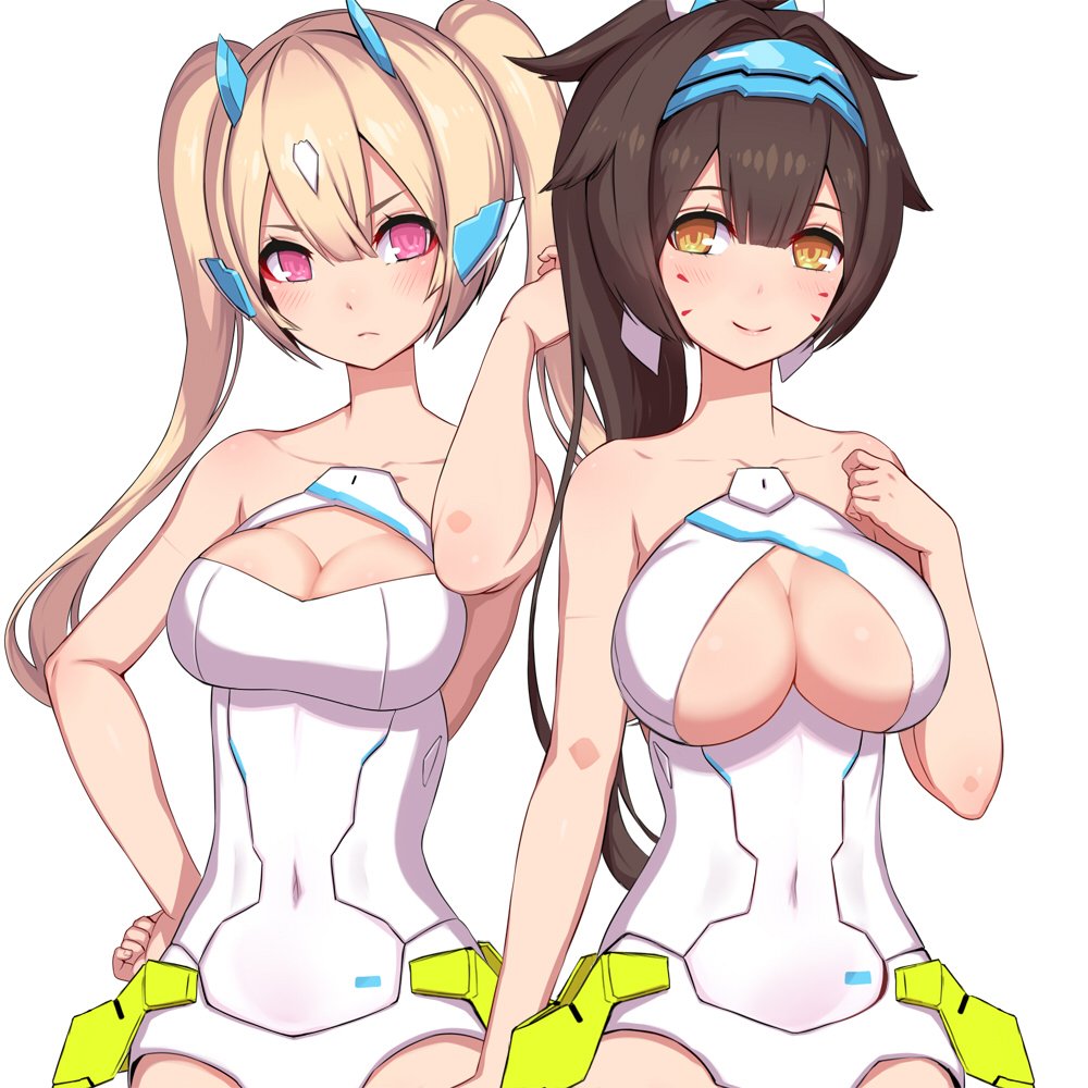 2d 2girls bare_arms bare_shoulders blush breasts brown_eyes brown_hair cleavage closed_mouth copyright_request hair_intakes hairband hand_up horns large_breasts leotard long_hair looking_at_viewer multiple_girls ponytail simple_background smile twintails violet_eyes white_background white_leotard