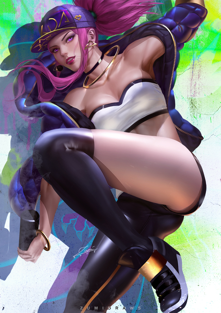 1girl akali arm_up asymmetrical_clothes asymmetrical_legwear bandeau baseball_cap black_legwear bracelet breasts choker cleavage cropped_jacket dated earrings hat idol jewelry k/da_(league_of_legends) k/da_akali league_of_legends lips looking_at_viewer medium_breasts microphone midriff necklace parted_lips ponytail purple_hair short_hair_with_long_locks signature single_over-kneehigh single_pantsleg solo spray_can strapless violet_eyes zumi_(zumidraws)