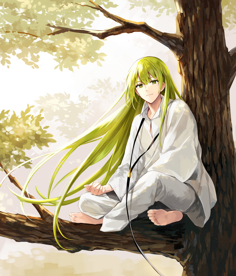 1other androgynous bangs barefoot black_neckwear enkidu_(fate/strange_fake) fate/grand_order fate/strange_fake fate_(series) green_eyes green_hair ima_(luce365) in_tree legs_crossed long_hair long_sleeves looking_at_viewer outdoors pants sitting sitting_in_tree tree very_long_hair white_pants white_robe