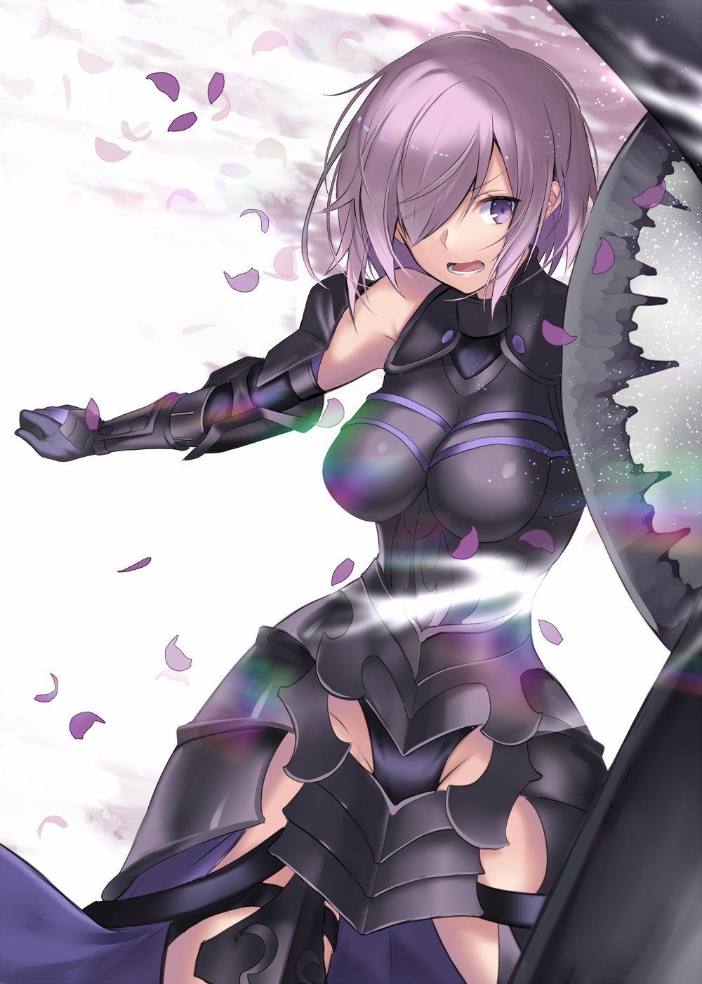 1girl armor armored_dress bangs bare_shoulders breasts commentary_request elbow_gloves falling_petals fate/grand_order fate_(series) faulds fighting_stance gloves hair_over_one_eye highres holding_shield karlwolf large_breasts lavender_hair mash_kyrielight one_eye_covered open_mouth purple_gloves purple_hair shield short_hair standing thighs violet_eyes