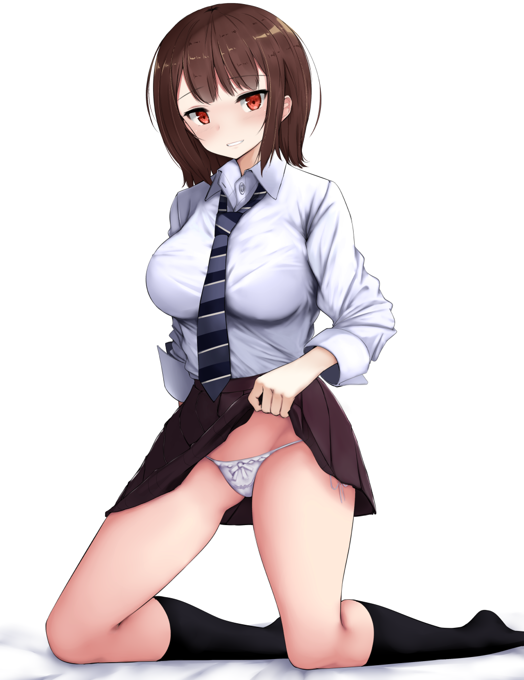 1girl black_legwear bralines breasts brown_hair commentary highres kneeling large_breasts lifted_by_self looking_at_viewer medium_hair necktie orange_eyes original panties rocha_(aloha_ro_cha) school_uniform side-tie_panties skirt skirt_lift solo string_panties underwear white_background white_panties