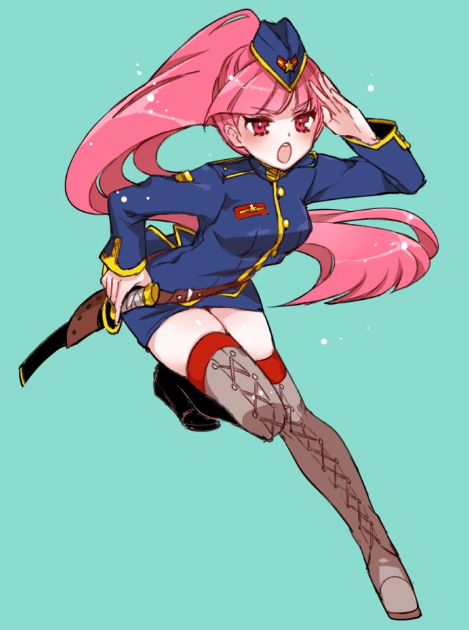 1girl belt blue_background blue_hat blue_jacket blue_skirt blush boots chino_machiko copyright_request eyebrows_visible_through_hair grey_legwear hand_up hat holster jacket katana long_hair long_sleeves looking_at_viewer military military_uniform open_mouth pencil_skirt pink_eyes pink_hair ponytail round_teeth salute simple_background skindentation skirt solo sword teeth thigh-highs uniform very_long_hair weapon