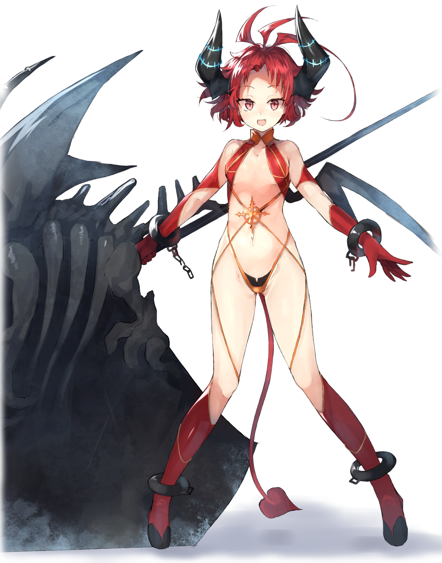 1girl :d antenna_hair bare_shoulders boots breasts chains character_request collarbone commentary_request copyright_request cuffs demon_tail demon_wings forehead full_body gloves groin horns kasuka_(kusuki) knee_boots navel open_mouth red_eyes red_footwear red_gloves redhead revealing_clothes shackles shadow short_hair simple_background small_breasts smile solo standing stomach tail thighs white_background wings