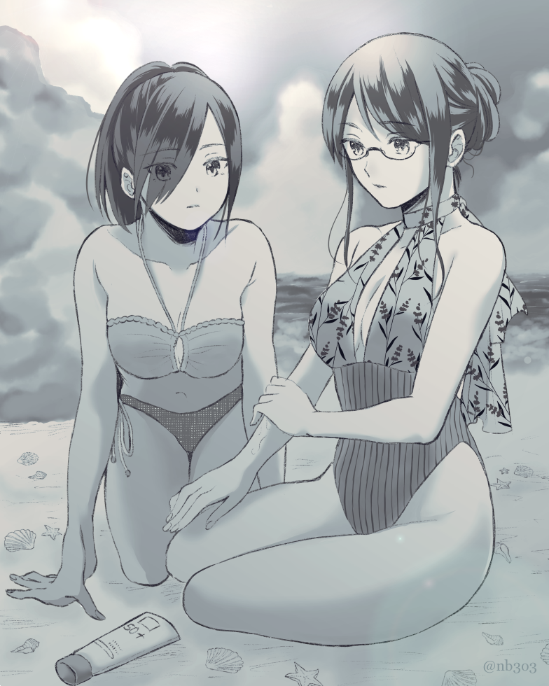 2girls alternate_hairstyle artist_name bare_arms bare_legs bare_shoulders beach bikini breasts cleavage closed_mouth clouds collarbone eyebrows_visible_through_hair eyes_visible_through_hair glasses greyscale hair_behind_ear hair_between_eyes hair_over_one_eye hand_on_ground hand_on_own_arm kamishiro_rize kirishima_touka large_breasts looking_at_another lotion medium_hair monochrome multiple_girls nabe-box ponytail purple_hair sand shell short_ponytail striped striped_bikini sunscreen swimsuit tokyo_ghoul water