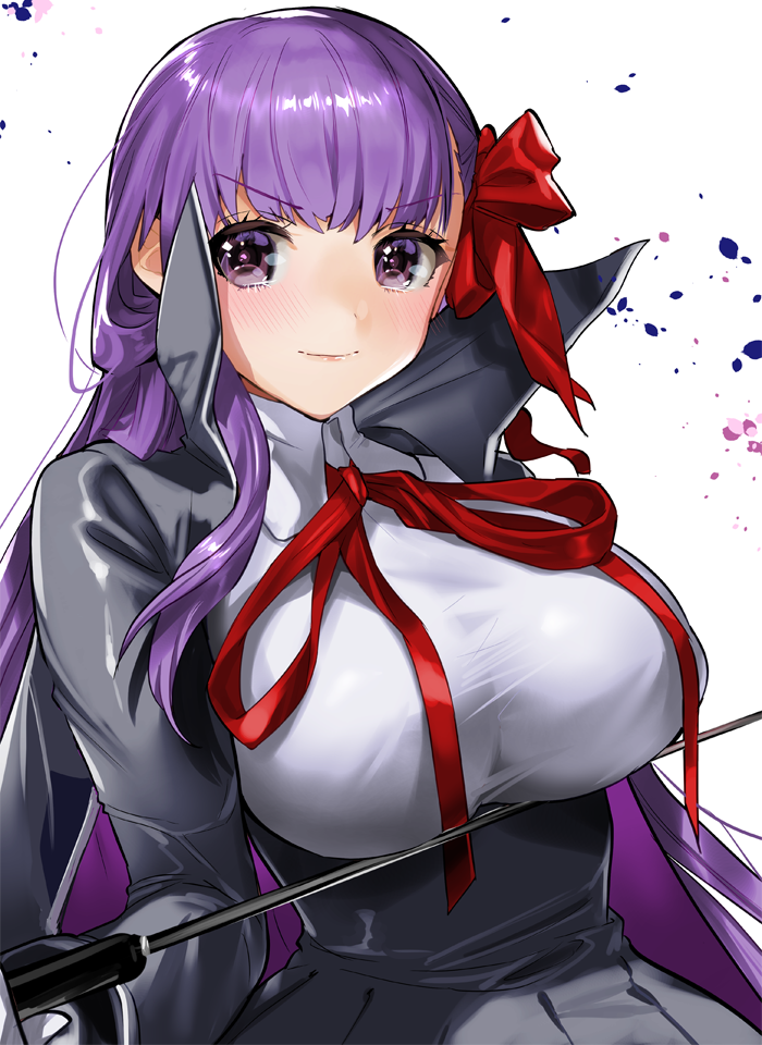 &gt;:) 1girl bangs bb_(fate)_(all) bb_(fate/extra_ccc) black_jacket black_skirt blush bow breasts closed_mouth collared_shirt commentary_request eyebrows_visible_through_hair fate/extra fate/extra_ccc fate_(series) hair_between_eyes hair_bow high_collar jacket large_breasts long_hair long_sleeves neck_ribbon ogino_atsuki pleated_skirt purple_hair red_bow red_ribbon ribbon riding_crop shirt simple_background skirt smile solo v-shaped_eyebrows very_long_hair violet_eyes white_background white_shirt