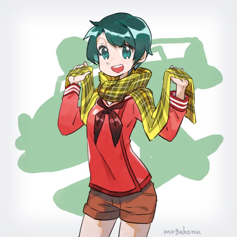 1girl artist_name bangs black_neckwear brown_shorts contrapposto cowboy_shot green_eyes green_hair kantai_collection long_sleeves mogami_(kantai_collection) mogamiya_honu neckerchief open_mouth plaid plaid_scarf red_shirt sailor_collar sailor_shirt scarf school_uniform serafuku shirt short_hair shorts silhouette simple_background smile solo standing swept_bangs white_background yellow_scarf