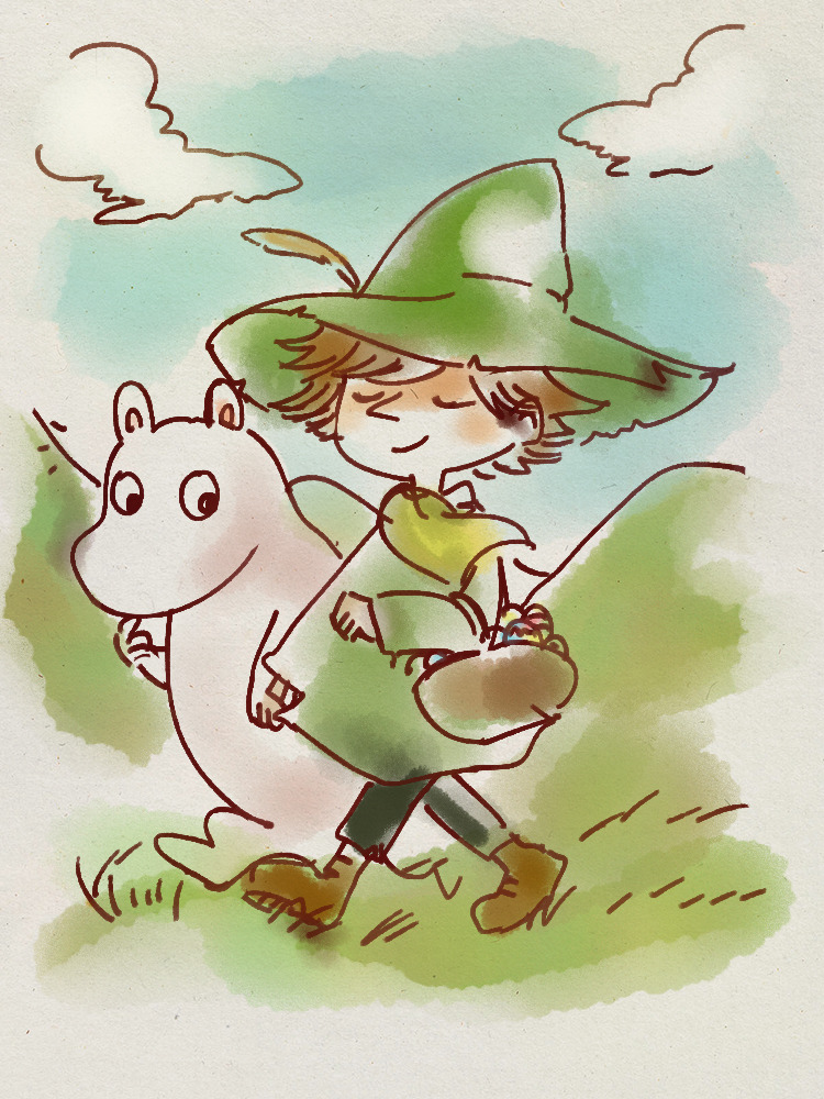 1boy arm_up basket blue_sky boots brown_footwear brown_hair closed_eyes closed_mouth clouds feathers full_body grass green_hat green_pants hat holding holding_basket k_(sktchblg) long_sleeves male_focus moomin moomintroll outdoors pants pointy_nose shoes sky smile snufkin standing sunlight walking