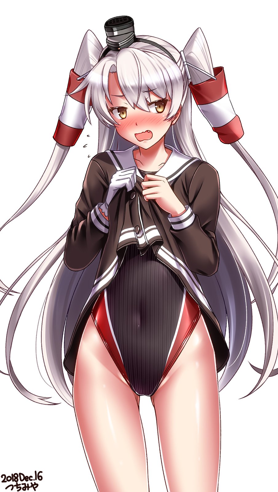 1girl amatsukaze_(kantai_collection) artist_name black_swimsuit blush brown_dress brown_eyes collarbone competition_school_swimsuit competition_swimsuit covered_navel cowboy_shot dated dress dress_lift embarrassed eyebrows_visible_through_hair fang feet_out_of_frame flat_chest gloves hair_between_eyes hair_tubes hat highres kantai_collection lifebuoy long_hair long_sleeves looking_at_viewer looking_to_the_side mini_hat navel nose_blush one-piece_swimsuit open_mouth sailor_collar sailor_dress short_dress silver_hair simple_background single_glove smokestack solo standing swimsuit swimsuit_under_clothes thigh-highs tsuchimiya two_side_up wavy_mouth white_background white_gloves white_sailor_collar windsock