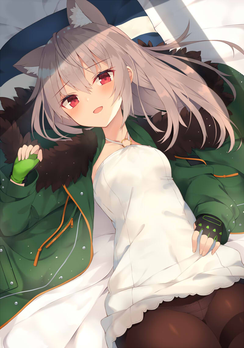 1girl :d ahoge animal_ear_fluff animal_ears bangs bed_sheet black_gloves black_legwear black_panties blush breasts collarbone commentary_request cowboy_shot dress eyebrows_visible_through_hair fingerless_gloves fur-trimmed_jacket fur_trim gloves green_jacket grey_hair hand_on_own_stomach hand_up jacket jewelry light_particles long_hair long_sleeves looking_at_viewer lying necklace nibiiro_shizuka on_back open_clothes open_jacket open_mouth original panties panties_over_pantyhose pantyhose pillow red_eyes sidelocks sleeveless sleeveless_dress small_breasts smile solo thighband_pantyhose underwear white_dress window_shade