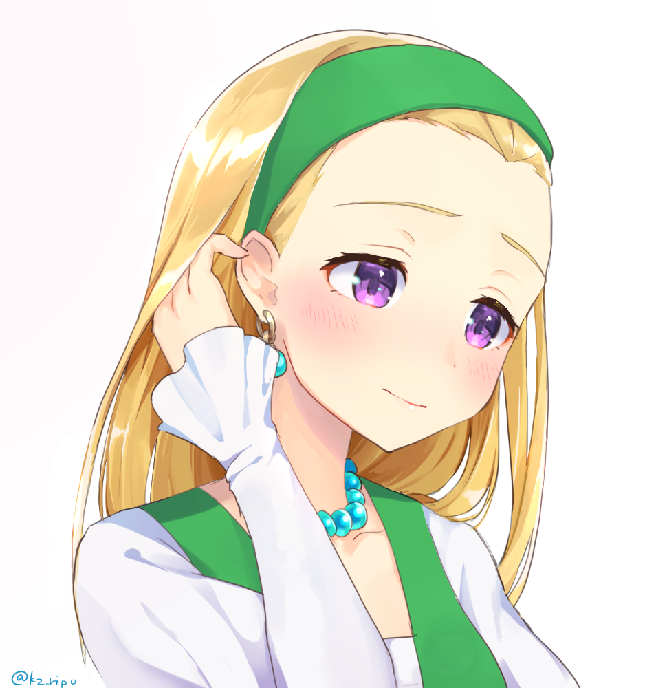1girl blonde_hair blush closed_mouth collarbone dragon_quest dragon_quest_xi earrings forehead hand_up head_tilt jewelry juliet_sleeves kz_ripo long_hair long_sleeves necklace pearl_necklace puffy_sleeves senya_(dq11) shirt sleeves_past_wrists solo twitter_username upper_body violet_eyes white_shirt