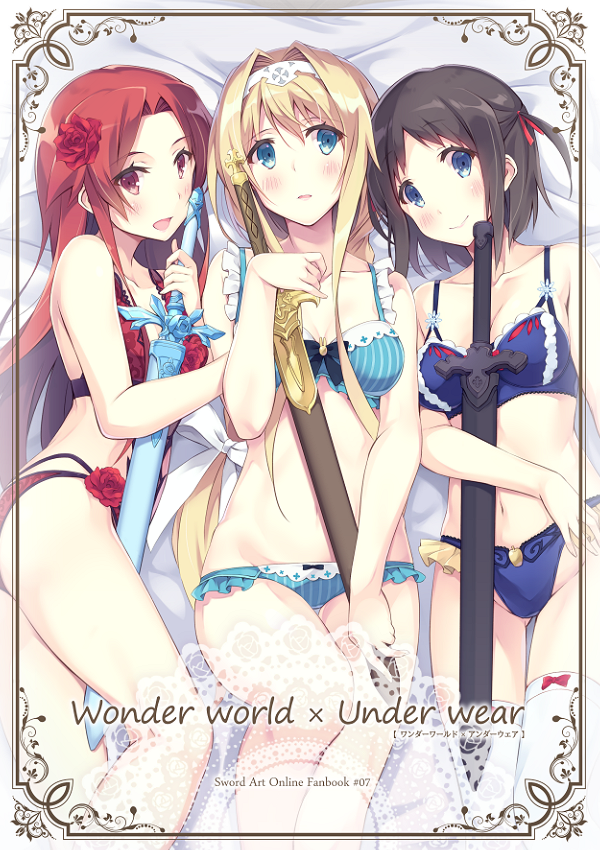 3girls alice_schuberg blonde_hair blue_eyes blush breasts brown_hair itoichi. long_hair looking_at_viewer multiple_girls navel red_eyes redhead ronye_arabel short_hair smile sword_art_online tiese_schtrinen underwear