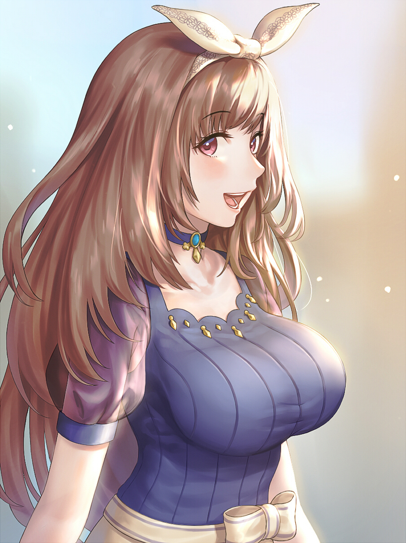 1girl :d blurry blurry_background blush bow breasts brown_hair choker hairband idolmaster idolmaster_shiny_colors large_breasts lips long_hair looking_to_the_side natsuyu open_mouth red_eyes see-through smile solo taut_clothes teeth tsukioka_kogane upper_body
