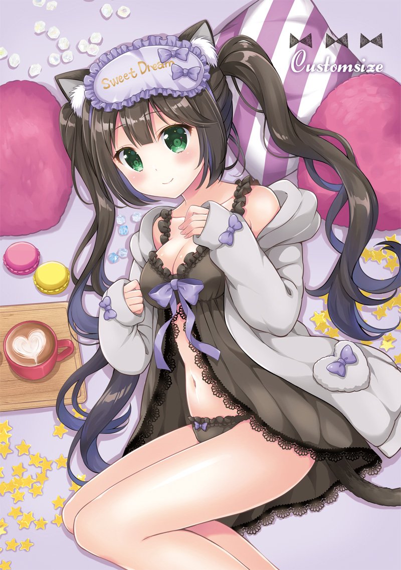 1girl animal_ears bangs black_babydoll black_hair black_panties blush bow breasts cat_ears cat_tail circle_name cleavage clenched_hand coffee collarbone commentary_request cup english food frilled_hairband frilled_panties frills gem green_eyes grey_background grey_jacket hairband hand_on_own_chest heart hood hood_down hooded_jacket jacket kuu-chan_(sakurai_makoto_(custom_size)) lace_trim lingerie lolita_hairband long_hair looking_at_viewer lying macaron medium_breasts mug navel neck_ribbon on_side original panties pillow purple_bow purple_hairband purple_neckwear ribbon sakurai_makoto_(custom_size) sleeves_past_wrists smile solo star tail tray twintails underwear