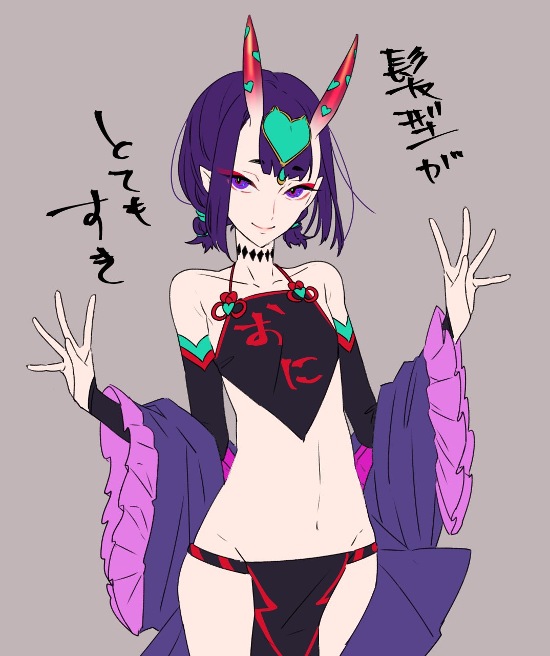 1girl black_choker choker closed_mouth commentary_request cowboy_shot detached_sleeves eyebrows_visible_through_hair eyeshadow fate/grand_order fate_(series) flat_chest grey_background hands_up headpiece heart highres horns japanese_clothes kimono long_sleeves looking_at_viewer low_twintails makeup off_shoulder pelvic_curtain purple_hair purple_kimono short_eyebrows short_hair shuten_douji_(halloween)_(fate) simple_background smile solo tenobe translated twintails violet_eyes wide_sleeves