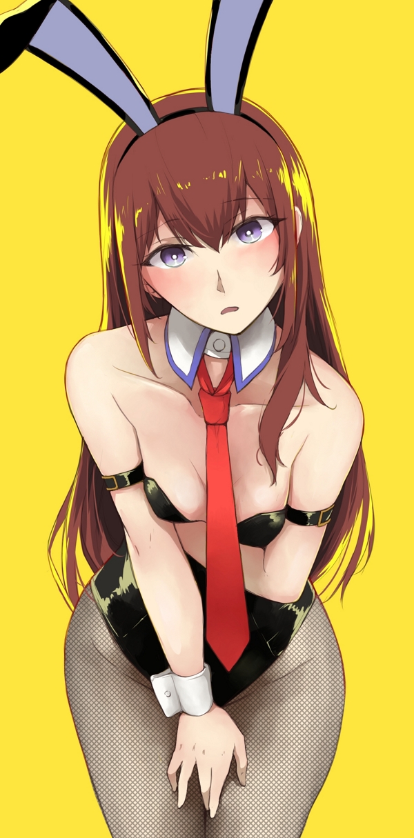 animal_ears arm_strap bare_shoulders black_legwear blush breasts brown_hair bunny_girl bunnysuit cleavage collarbone covering covering_crotch cowboy_shot den_(kur0_yuki) detached_collar fishnet_pantyhose fishnets highres leaning_forward long_hair looking_at_viewer makise_kurisu necktie open_mouth pantyhose rabbit_ears red_neckwear simple_background small_breasts standing steins;gate straight_hair violet_eyes wrist_cuffs yellow_background