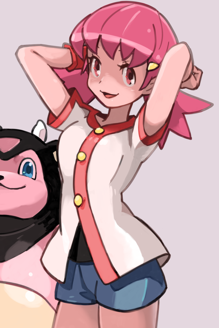 1girl :d akane_(pokemon) american_dog_wo arms_behind_head arms_up bangs blue_shorts breasts buttons cowboy_shot creatures_(company) game_freak gen_2_pokemon gym_leader hair_ornament medium_breasts medium_hair miltank nintendo open_mouth pink_eyes pink_hair pokemon pokemon_(creature) pokemon_(game) pokemon_hgss shirt short_sleeves shorts smile solo twintails white_shirt