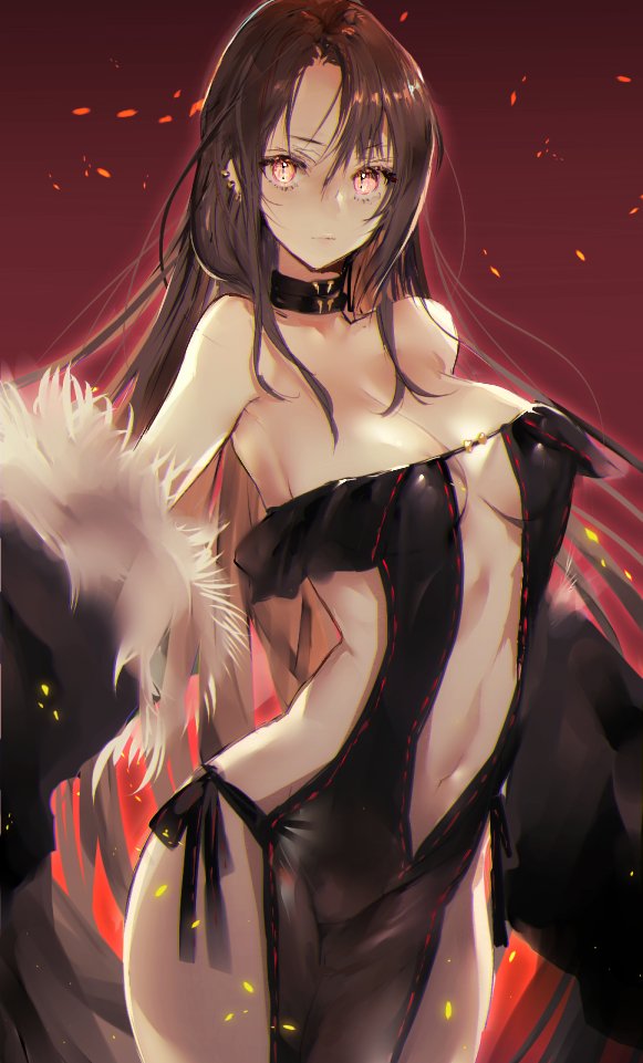 1girl bare_shoulders breasts brown_hair center_opening choker consort_yu_(fate) detached_sleeves dress fate/grand_order fate_(series) fur_trim hitaki_yuu long_hair navel side-tie_costume solo yellow_eyes