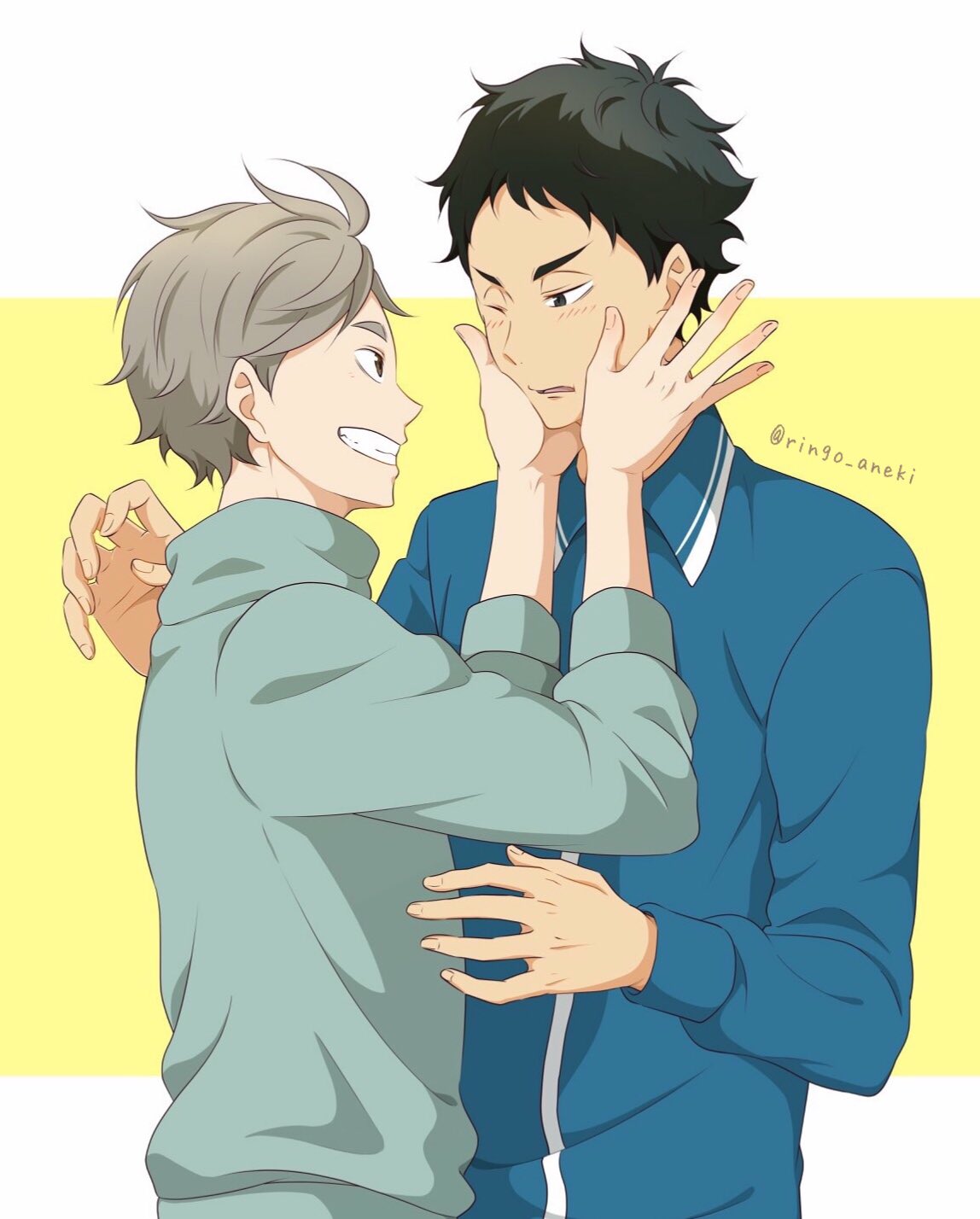 2boys akaashi_keiji black_hair blue_shirt blush fingernails grey_hair grin haikyuu!! hands_on_another's_cheeks hands_on_another's_face highres long_sleeves looking_at_another multiple_boys one_eye_closed parted_lips ringo_aneki shirt smile sugawara_koushi twitter_username