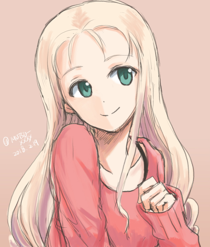1girl blonde_hair bra_strap brown_background casual closed_mouth commentary_request dated drill_hair girls_und_panzer head_tilt long_hair long_sleeves looking_at_viewer marie_(girls_und_panzer) mutsu_(layergreen) partial_commentary pink_sweater simple_background sketch smile solo sweater twitter_username upper_body