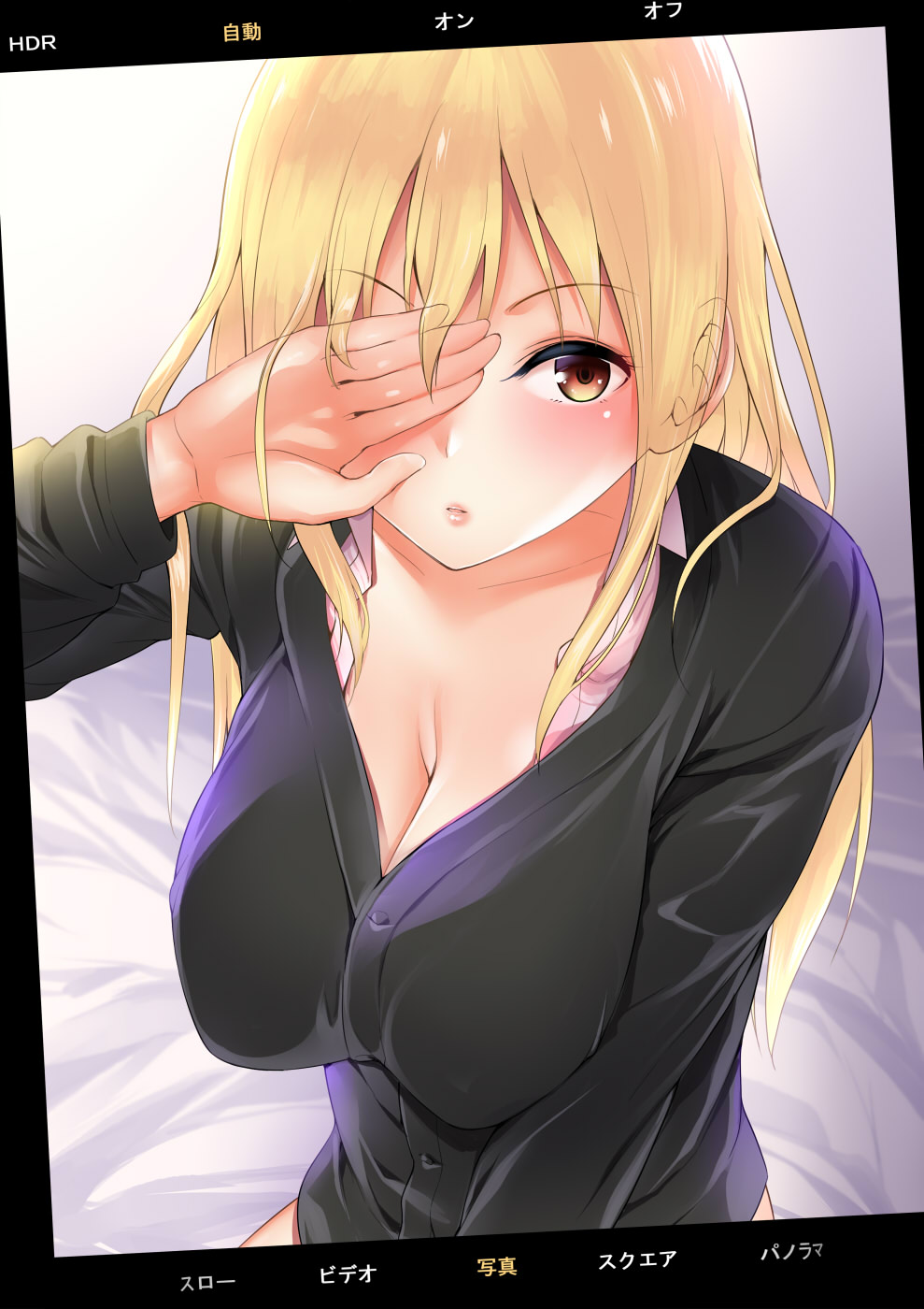 1girl amasora_taichi arm_up bangs bed_sheet black_shirt blonde_hair blush breasts brown_eyes cleavage collarbone commentary_request covering_one_eye dress_shirt eyebrows_visible_through_hair hair_between_eyes highres large_breasts long_hair looking_at_viewer open_clothes open_shirt original parted_lips phone_screen pink_shirt shirt solo translated very_long_hair