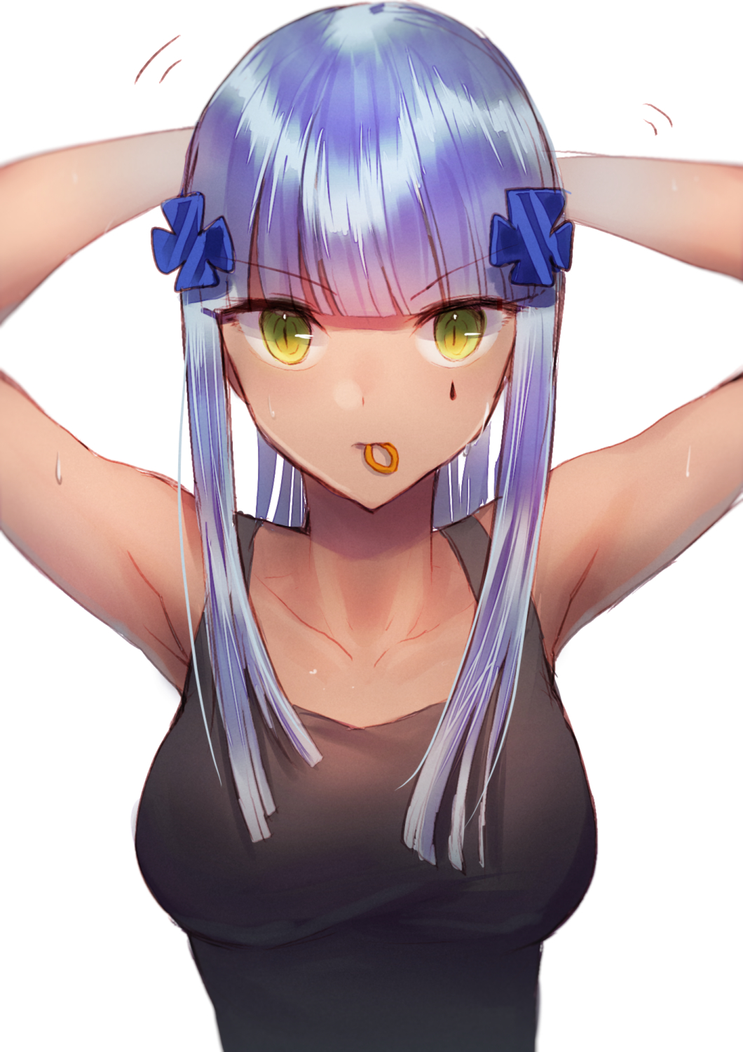 1girl arms_up bangs blunt_bangs collarbone facial_mark girls_frontline green_eyes hair_ornament hair_tie_in_mouth highres hk416_(girls_frontline) long_hair mouth_hold sidelocks silver_hair simple_background solo tank_top tying_hair upper_body v-shaped_eyebrows white_background xanax025