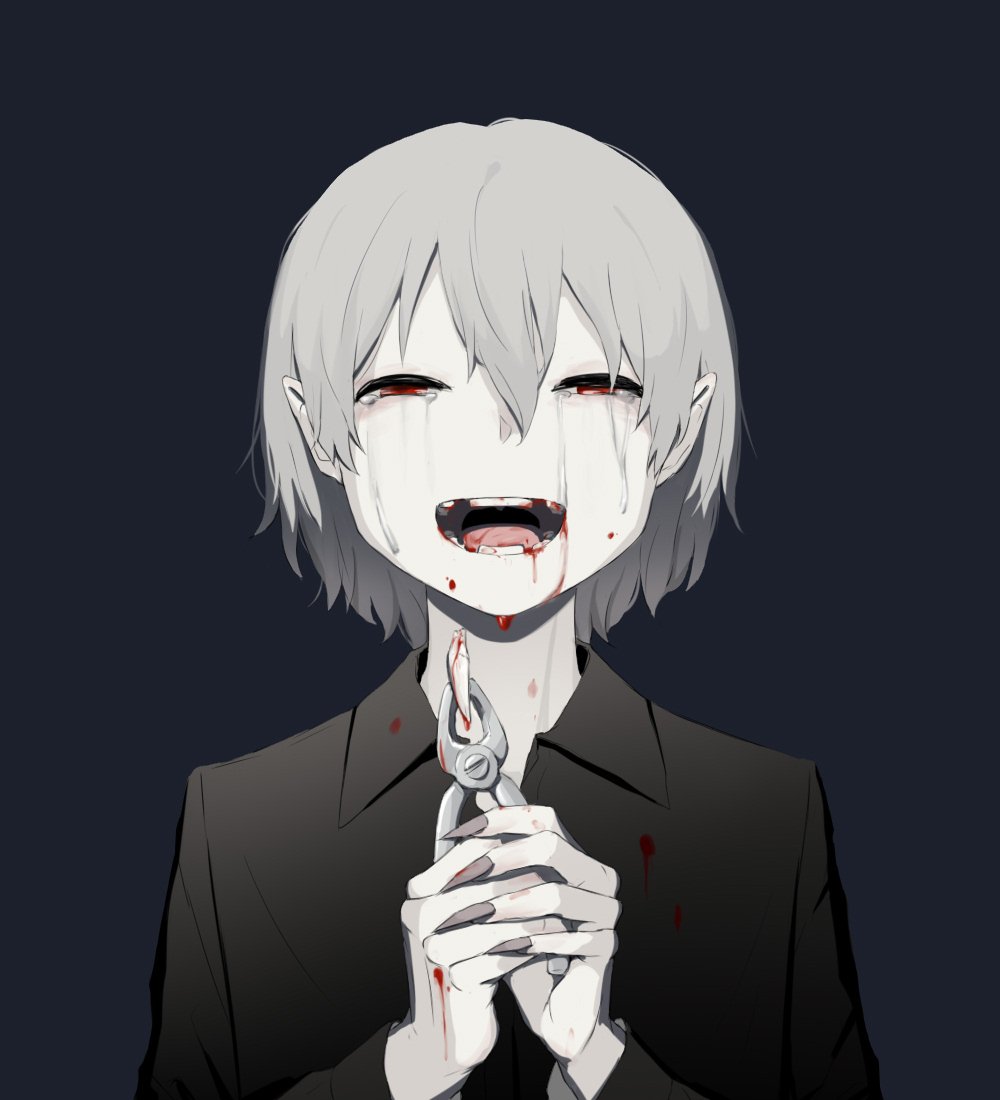 1boy avogado6 blood blood_stain commentary crying dark_background fangs fingernails looking_at_viewer open_mouth original pale_skin pliers pointy_ears red_eyes sharp_fingernails smile tears vampire