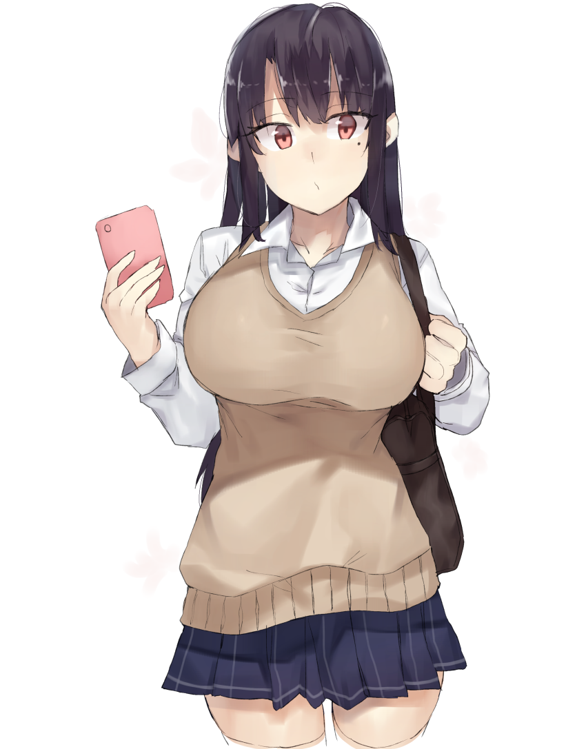 1girl bag bangs black_hair blue_skirt breasts brown_vest cellphone character_request collarbone commentary_request copyright_request cowboy_shot cropped_legs eyebrows_visible_through_hair holding holding_phone huge_breasts kasuka_(kusuki) long_hair long_sleeves looking_at_viewer miniskirt mole mole_under_eye phone pleated_skirt red_eyes satchel school_bag shirt simple_background skirt smartphone solo standing sweater_vest thighs vest white_background white_shirt