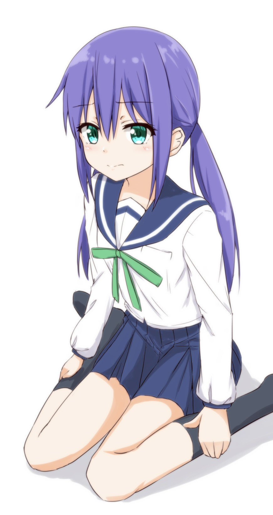 1girl bangs black_legwear blue_hair blue_sailor_collar blue_skirt blush bow closed_mouth eyebrows_visible_through_hair feet_out_of_frame green_bow green_eyes hair_between_eyes highres hippo_(hirople) koisuru_asteroid long_hair long_sleeves looking_at_viewer manaka_ao no_shoes pleated_skirt sailor_collar shirt sitting skirt socks solo twintails very_long_hair wariza white_background white_shirt