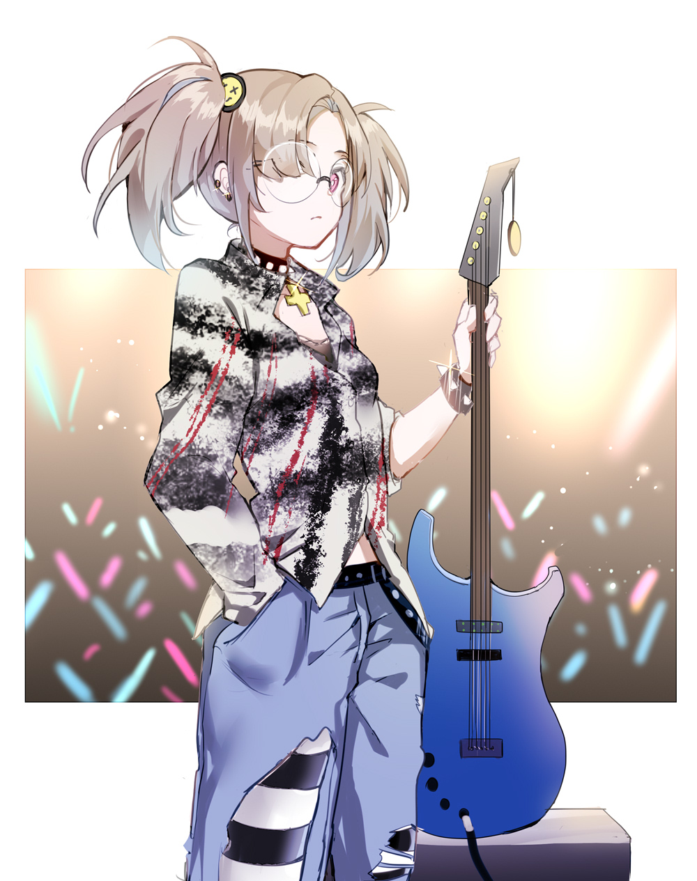 1girl bangs black_choker blue_pants bracelet bxr character_request choker closed_mouth electric_guitar girls_frontline glasses glint guitar hair_over_one_eye hand_in_pocket highres holding holding_instrument instrument jacket jewelry light_brown_hair light_stick pants parted_bangs pink_eyes round_eyewear sidelocks solo spiked_bracelet spiked_choker spikes twintails