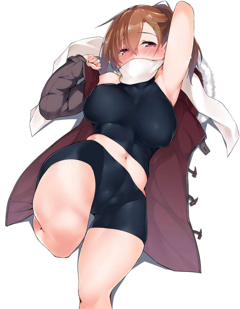 1girl arm_up armpits bare_arms bare_legs bike_shorts black_shorts blush breasts breasts_apart brown_hair coat commentary_request covered_mouth covered_nipples crop_top fur_trim hair_between_eyes hair_ornament jpeg_artifacts large_breasts leg_up looking_at_viewer midriff nose_blush open_clothes open_coat original ponytail red_eyes scarf shorts simple_background sleeveless solo tera_zip unaligned_breasts white_background white_scarf x_hair_ornament