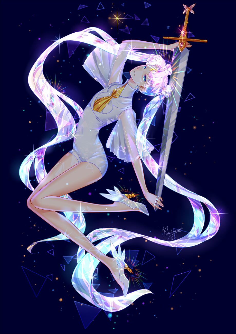 1girl absurdly_long_hair arm_up bishoujo_senshi_sailor_moon blue_eyes covered_navel floating_hair full_body high_heels highres holding holding_sword holding_weapon houseki_no_kuni kaminary leg_up long_hair phosphophyllite_(ll) phosphophyllite_(ll)_(cosplay) pumps sailor_cosmos sailor_senshi_uniform see-through short_shorts shorts signature silver_hair solo sword twintails very_long_hair weapon white_footwear white_jumpsuit