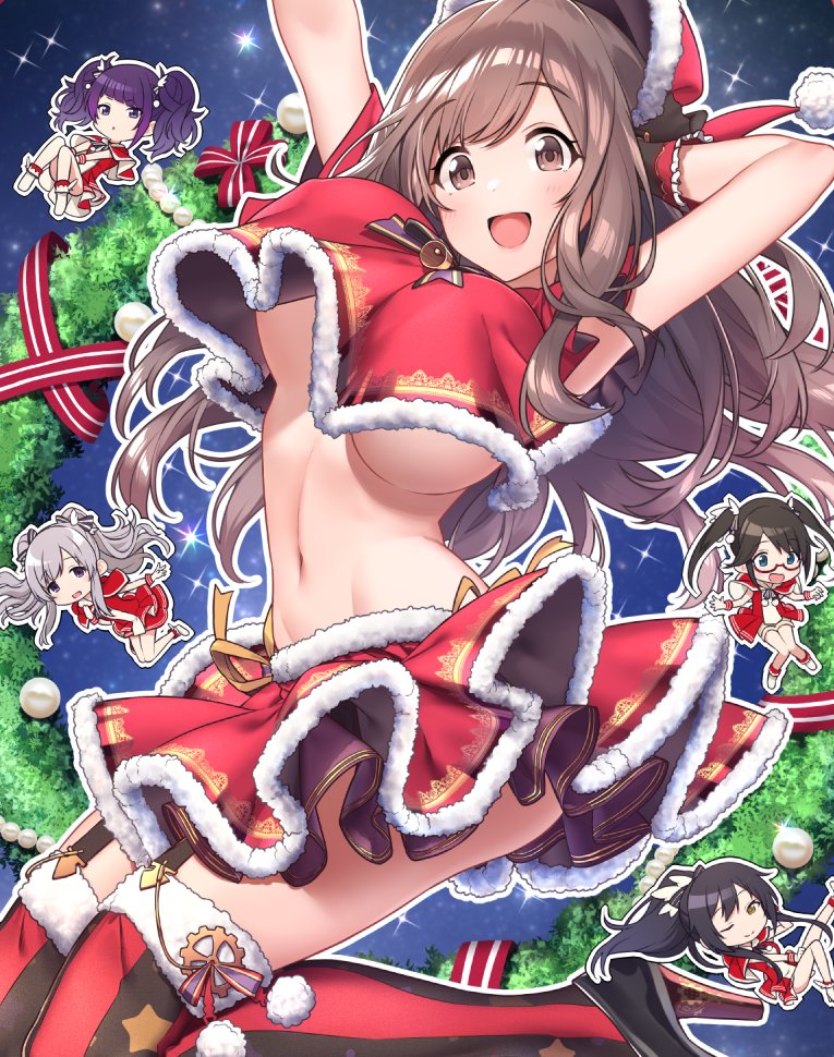 5girls alternate_costume armpits arms_up baffu bangs bell black_hair blue_eyes blush boots breasts brown_eyes brown_hair capelet christmas closed_mouth commentary_request diagonal_bangs dress eyebrows_visible_through_hair fur_trim glasses gloves hat high_ponytail idolmaster idolmaster_shiny_colors large_breasts long_hair looking_at_viewer mitsumine_yuika multiple_girls navel no_bra one_eye_closed open_mouth ponytail purple_hair red_dress red_legwear red_skirt santa_costume santa_hat shirase_sakuya short_twintails silver_hair skirt smile swept_bangs tanaka_mamimi thigh-highs tsukioka_kogane twintails under_boob v_arms violet_eyes white_gloves yellow_eyes yuukoku_kiriko