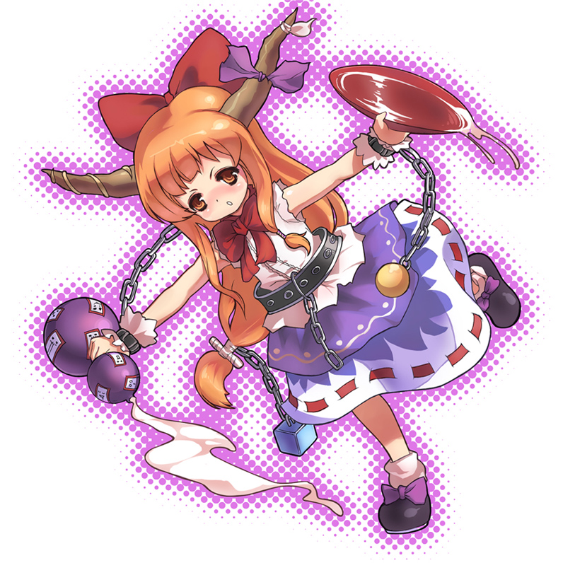 brown_eyes brown_hair chain chains gourd halftone halftone_background horns ibuki_suika long_hair monk_(artist) monk_(syugyousou) orange_hair ribbon sakazuki standing_on_one_leg touhou