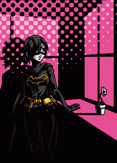 batgirl belt black_hair bodysuit cassandra_cain dc_comics flower kumehachi mask polka_dot ponytail shadow short_hair solo window