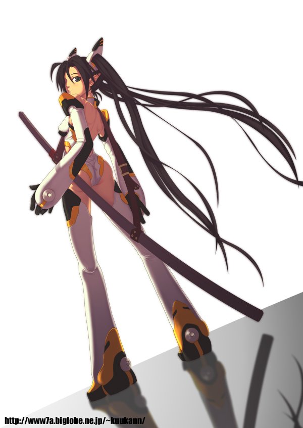 ayaki back bad_id black_hair boots gloves grey_eyes legs long_hair looking_back original pointy_ears sword thigh-highs thigh_boots thighhighs twintails weapon