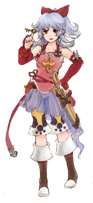 bare_shoulders belt boots capri_pants earrings final_fantasy final_fantasy_tactics_a2 final_fantasy_tactics_advance jewelry key knife open_mouth ponytail ribbon ribbons short_pants silver_hair skirt solo yellow_eyes