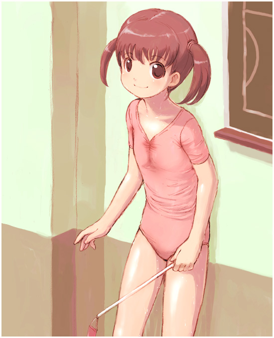 brown_eyes brown_hair child gymnastics heika_(artist) leaning leotard rhythmic_gymnastics ribbon ribbon_baton short_hair short_twintails smile solo sweat twintails