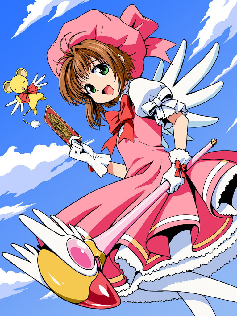 bow card card_captor_sakura cardcaptor_sakura cards clow_card costume dress fuuin_no_tsue gloves green_eyes hat holding holding_card kero kinomoto_sakura magical_girl pantyhose short_hair sky staff wand wings