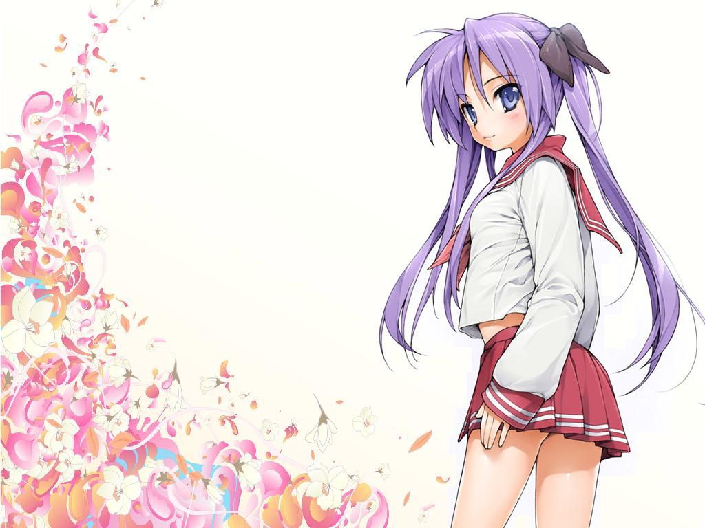 flower hair_ribbon hiiragi_kagami ishikei jpeg_artifacts lips long_legs looking_back lucky_star midriff pleated_skirt purple_hair ribbon school_uniform serafuku skirt solo thighs tsurime twintails wallpaper