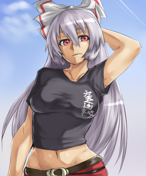 breasts clothes_writing contemporary fujiwara_no_mokou houtengeki impossible_clothes impossible_shirt long_hair midriff red_eyes ribbon shirt silver_hair t-shirt touhou translated